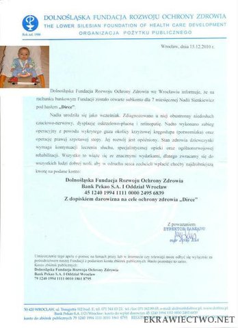 Skan dokumentu z fundacji świadczący o chorobie dziewczynki